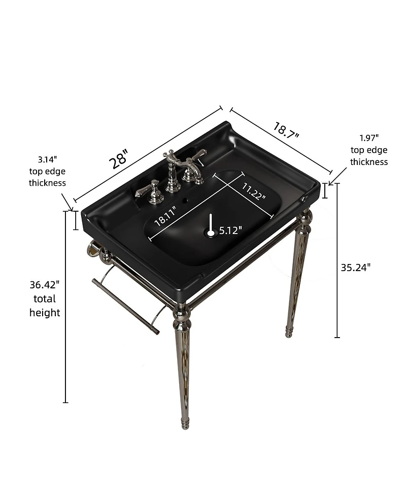 Sillysis Bathroom Console Sink with Ceramic Vanity, Wall Mounted Basin & Stainless Steel Legs, Towel Bar Included