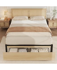 gaomon Queen Platform Bed Rattan Headboard Led Storage Baskets Farmhouse Metal Frame Noise-Free Wooden Slats No Box Spring