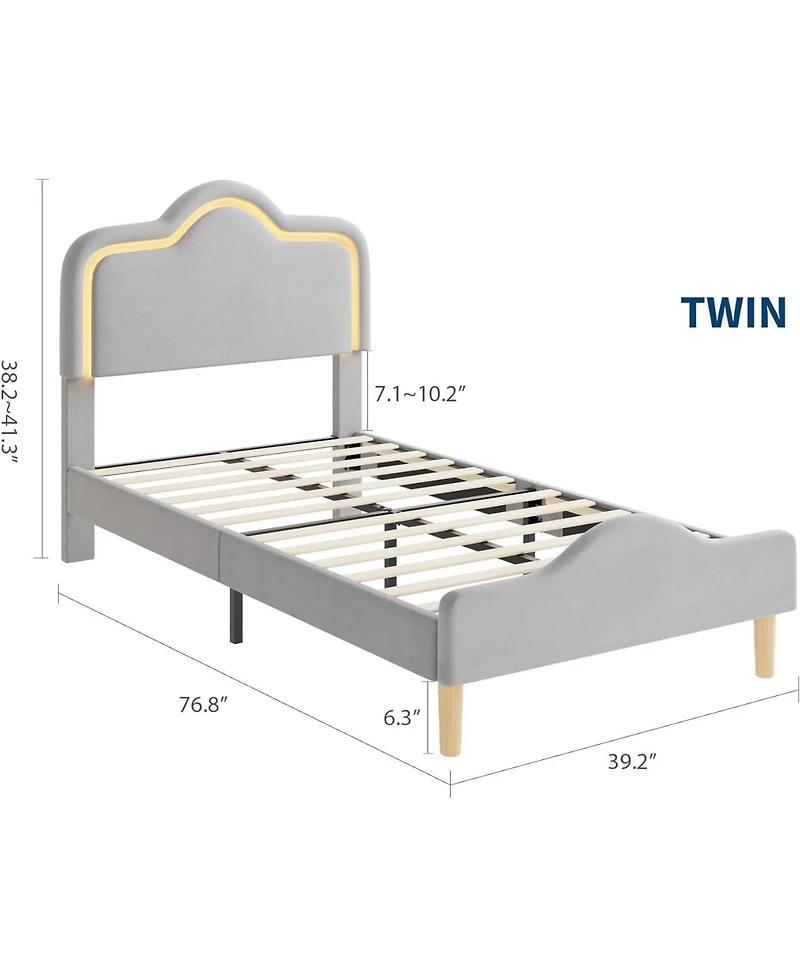 gaomon Upholstered Princess Platform Bed Frame with Rgb Led Lights, Adjustable Velvet Headboard, Wooden Slat Support