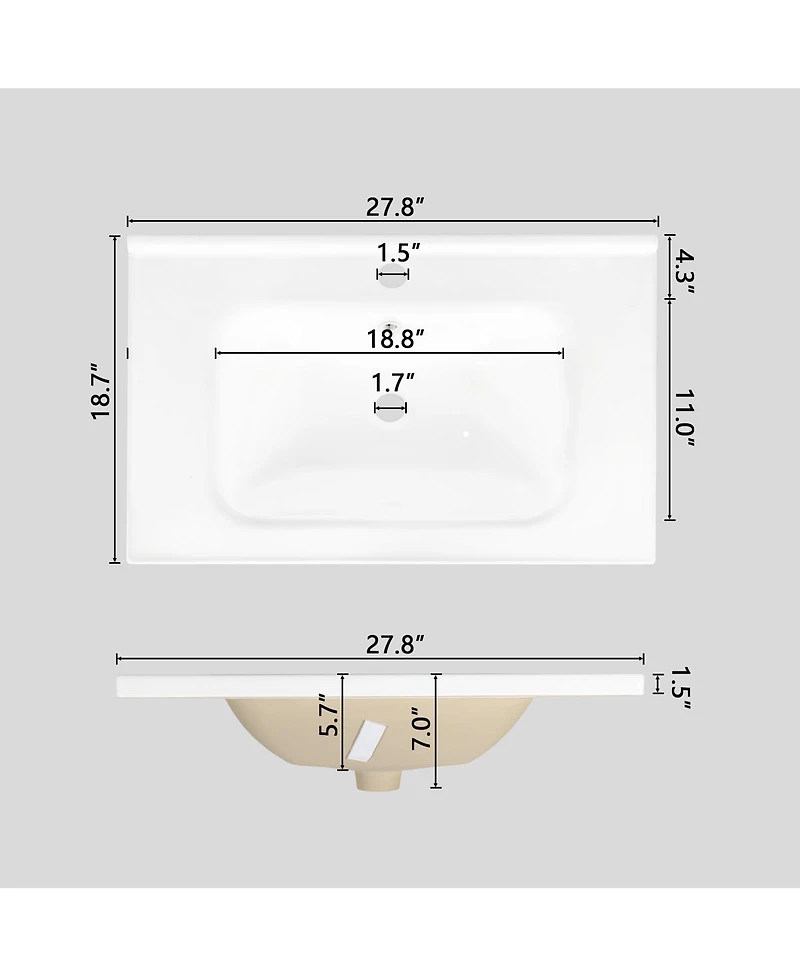 Sillysis 27.8" Rectangular Ceramic Bathroom Sink, Modern Vessel Basin with Overflow for Vanity Cabinet
