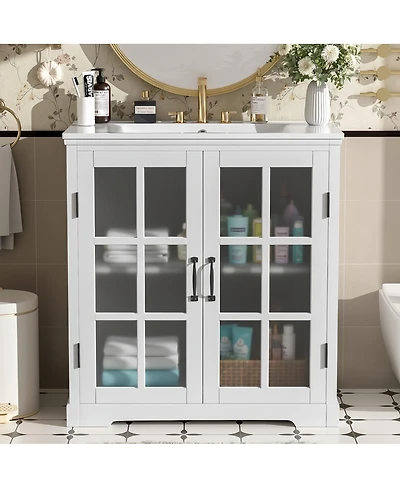 Sillysis 30'' Bathroom Vanity with Ceramic Sink, Tempered Glass Doors, Large Storage & Rubber Wood Frame for Modern Bathrooms