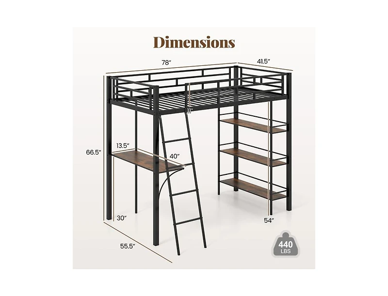 Slickblue Twin-Size Loft Bed with Desk, Shelves, and Study Space