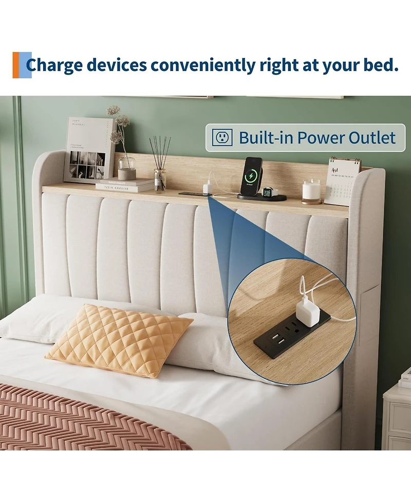 gaomon Bed Frame with Storage Headboard, Upholstered Platform Beds Drawers, Charging Station, Noise-Free