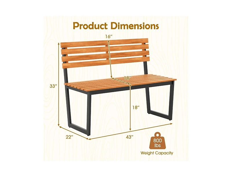 Slickblue Acacia Wood Outdoor Bench Loveseat with Backrest and Metal Frame
