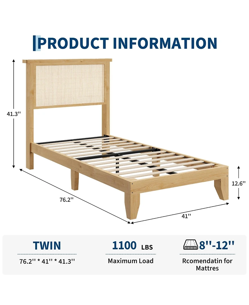 gaomon Rattan Bed Frame with Solid Wood Foundation & Natural Rattan Headboard and Led Lights