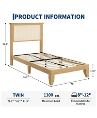gaomon Rattan Bed Frame with Solid Wood Foundation & Natural Rattan Headboard and Led Lights