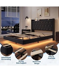 gaomon Full Floating Bed Frame Led Lights Velvet Upholstered Platform Bed Storage Headboard Noise-Free No Box Spring