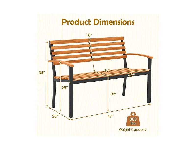 Slickblue Patio Acacia Wood Loveseat Bench with Backrest and Armrests