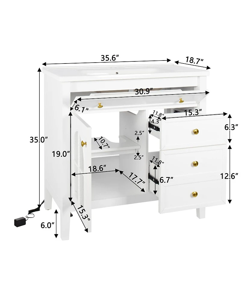Sillysis Bathroom Vanity with Sink, Medieval Glass Doors, Motion Sensor Lighting, Flip Drawer & Adjustable Storage for Modern Homes