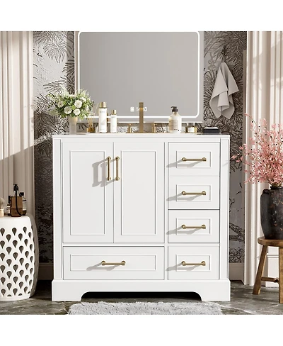 Sillysis Traditional Bathroom Vanity with Ceramic Sink, Soft Close Doors & 4 Drawers, Ample Storage Cabinet for Main Bathrooms