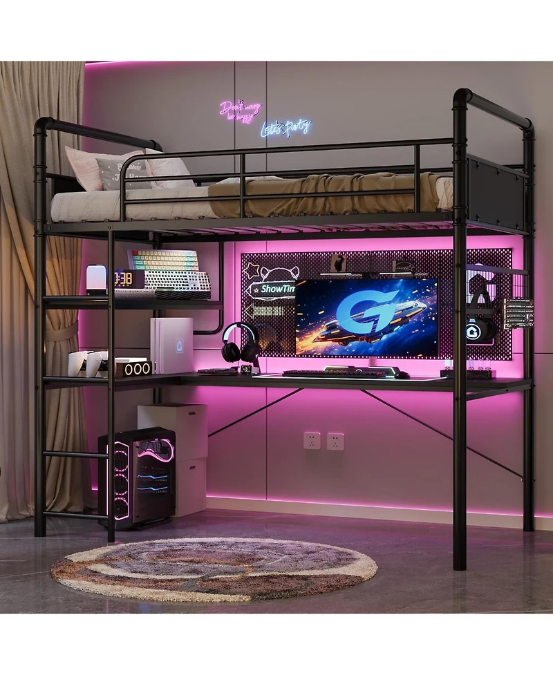 gaomon Loft Bunk Bed with L-Shaped Desk Twin Loft Under-Desk Workspace Metal Bunk Ladder High Guardrail Easy Assembly