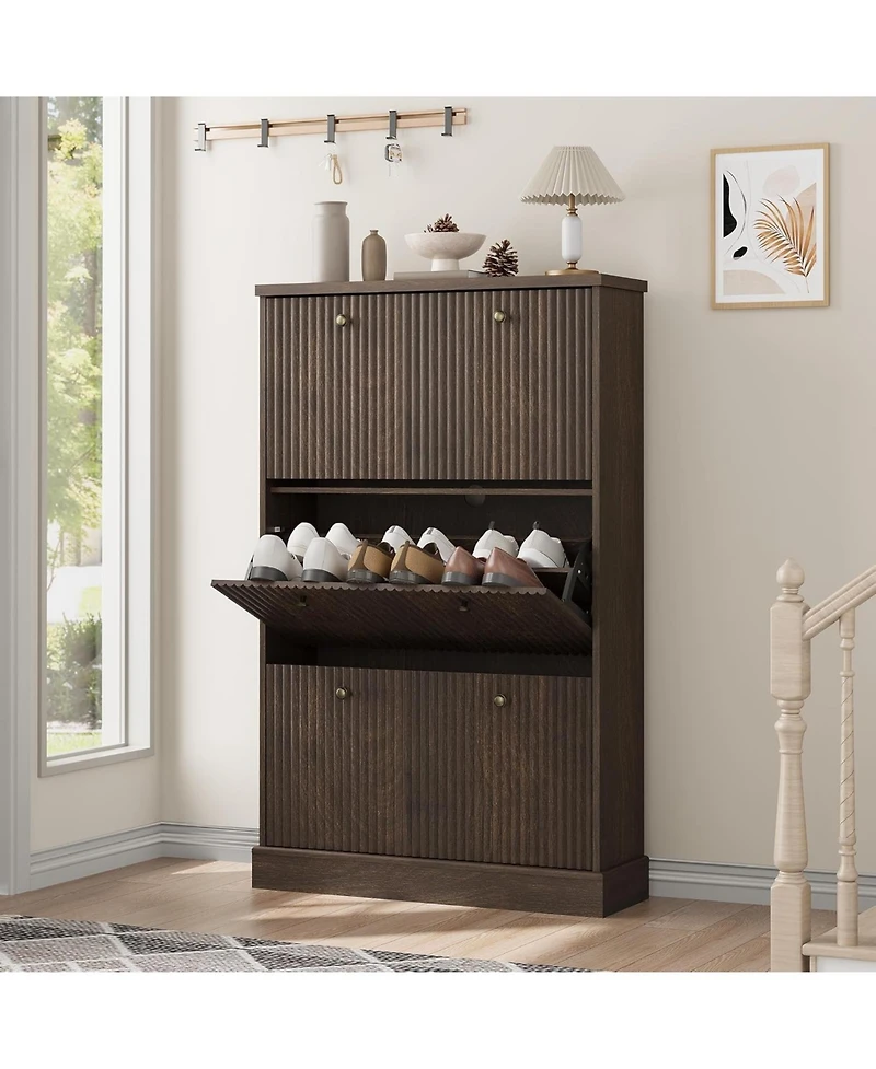 gaomon Shoe Cabinet with 3 Flip Drawers Modern Fluted Cabinet with Adjustable Shelves Freestanding Wooden Shoe Organizer for Entryway Hallway
