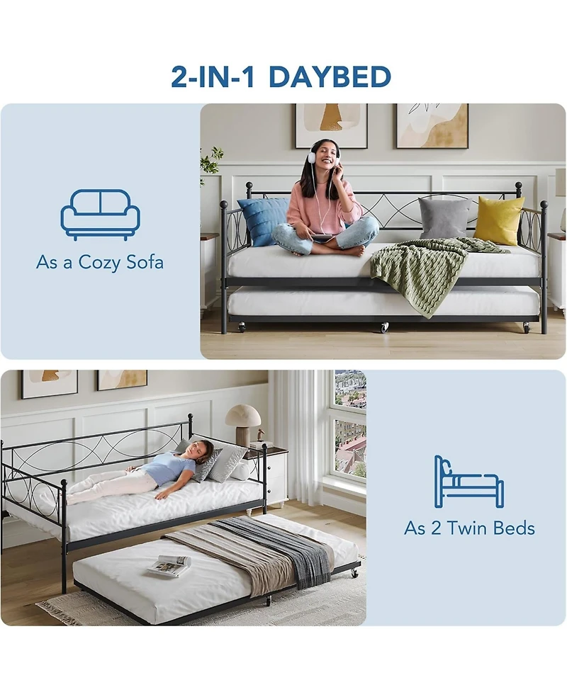 gaomon Daybed with Trundle, Metal Twin and Trundle Set, Day Bed Sofa Frame Steel Slat Support, Multifunctional