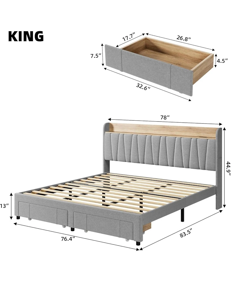 gaomon King Bed Frame Storage Headboard Upholstered Platform Drawers Charging Noise-Free No Box Spring