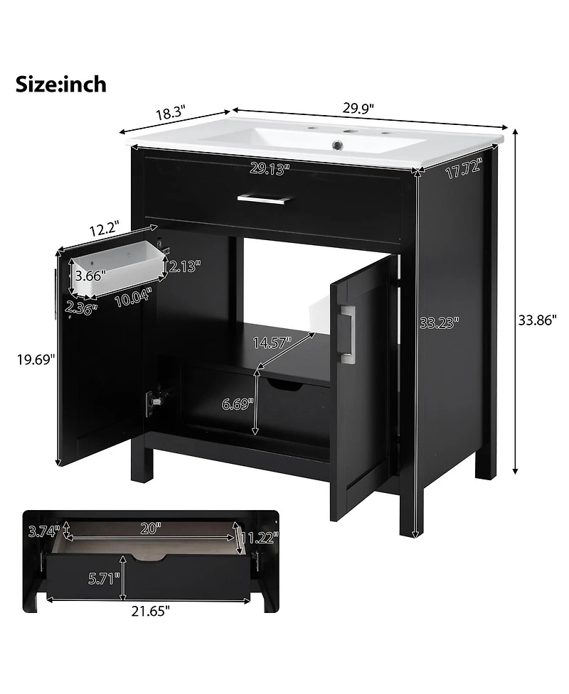 Sillysis 30" Bathroom Vanity with Ceramic Sink, Soft Close Doors and Drawer, Solid Wood Mdf Storage Cabinet for Small Bathrooms