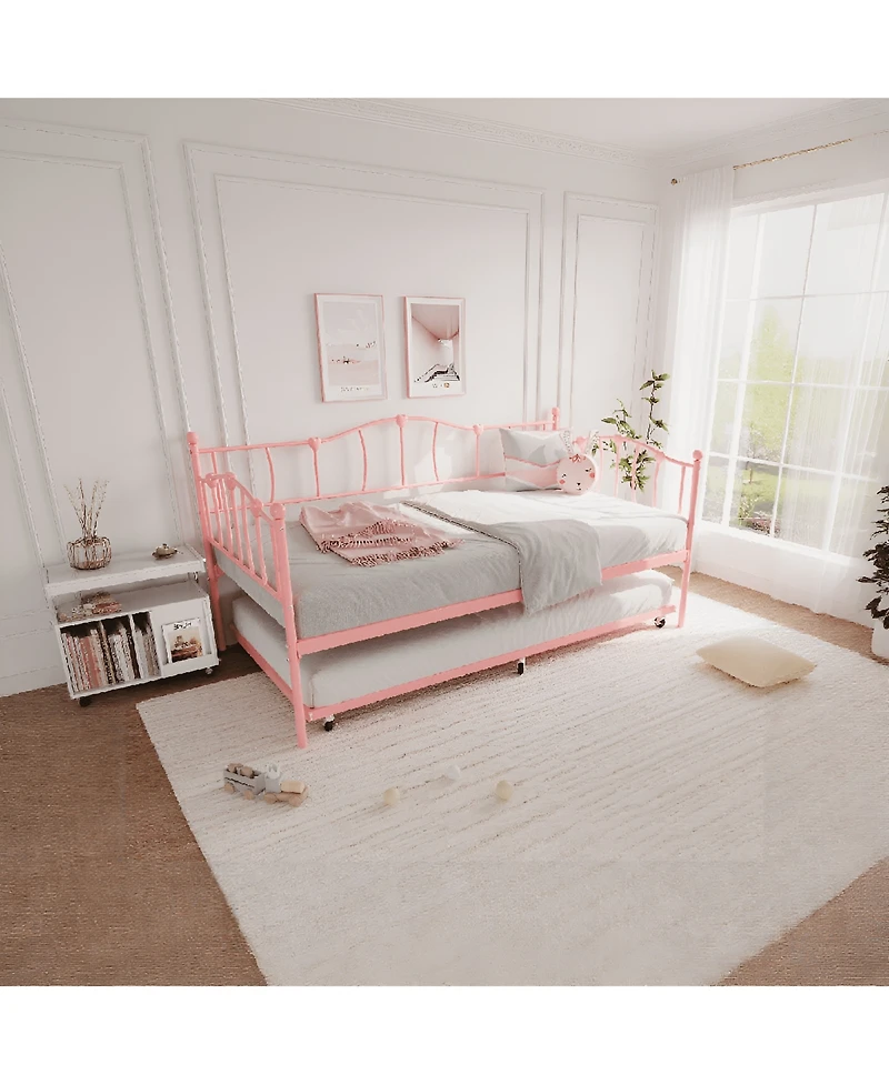 gaomon Metal Daybed Frame with Trundle Heart Design Noise Free Platform Sofa Bed Steel Slats Space-Saving.