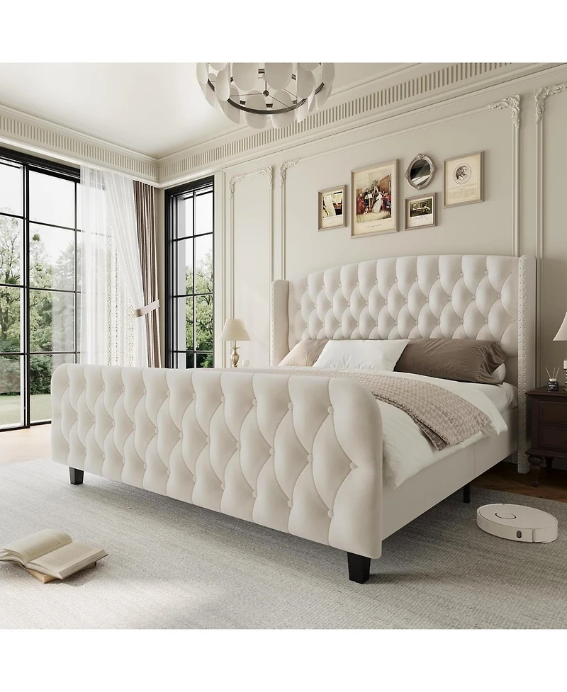 gaomon Bed Frame with Deep Button Tufted Wingback Headboard and Footboard, Velvet Upholstered Platform Bed Frame, No Box Spring Needed