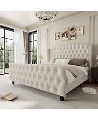 gaomon Bed Frame with Deep Button Tufted Wingback Headboard and Footboard, Velvet Upholstered Platform Bed Frame, No Box Spring Needed