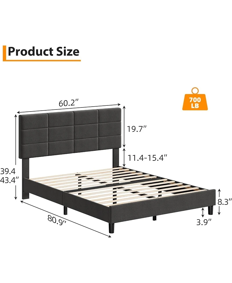 gaomonUpholstered Platform Bed Frame with 12-Panel Padded Headboard, Linen Fabric, Wood Slats Support, No Box Spring Needed, Quiet Structure