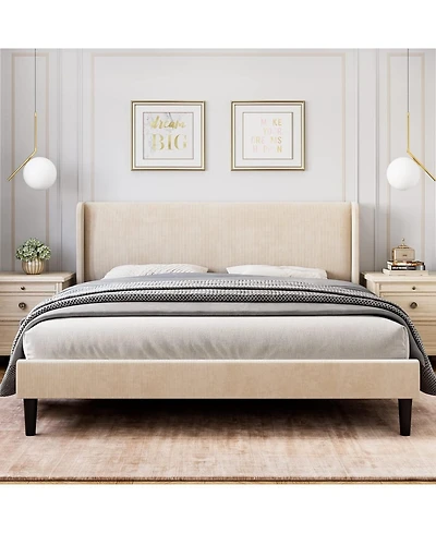 gaomon Wingback Bed Frame Vertical Stripe Velvet Upholstered 2 Storage Pockets Wood Slats Easy Assembly No Box Spring.