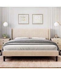 gaomon Wingback Bed Frame Vertical Stripe Velvet Upholstered 2 Storage Pockets Wood Slats Easy Assembly No Box Spring.