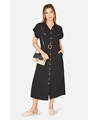 Yumi Women's Viscose Linen Look Midi Shirt Dress