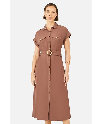 Yumi Women's Viscose Linen Look Midi Shirt Dress