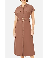Yumi Women's Viscose Linen Look Midi Shirt Dress