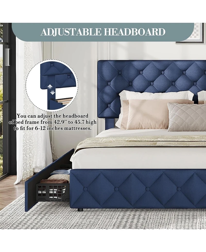 gaomon Upholstered Platform Bed Frame with Adjustable Headboard & 4 Storage Drawers - Diamond Tufted Linen - Sturdy & Noise