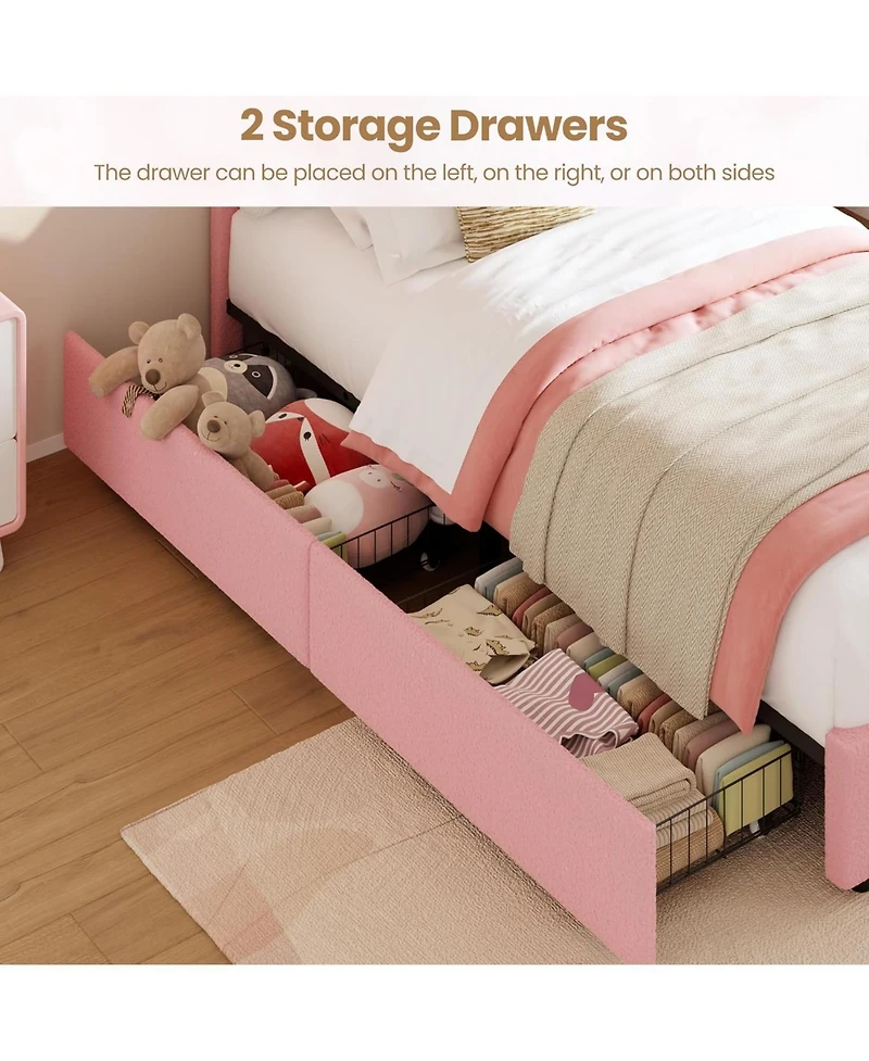 gaomon Twin Princess Bed Frame 4 Storage Drawers Led Lights Velvet Upholstered Rainbow Headboard Solid Wood Slats No Box Spring