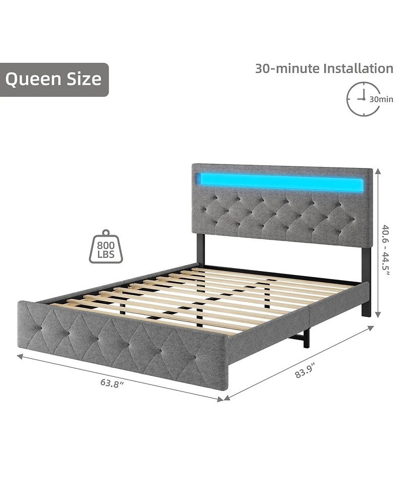 gaomon Queen Upholstered Platform Bed Frame Led Headboard Usb Charging Fast-Charging Ports No Box Spring Easy Assembly