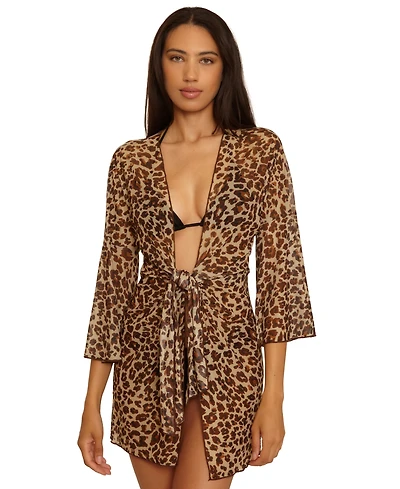 Becca Women's Safari Leopard Mesh Tie-Front Cover-Up Tunic