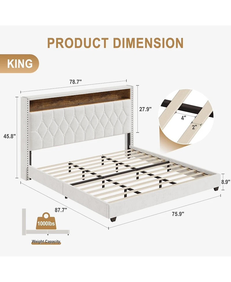 gaomon Bed Frame Button Tufted Upholstered Headboard Charging Station Bookcase Light Noise-free No Box Spring