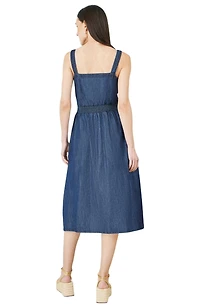 Yumi Women's Chambray Cotton Ruched Midi Sun Dress