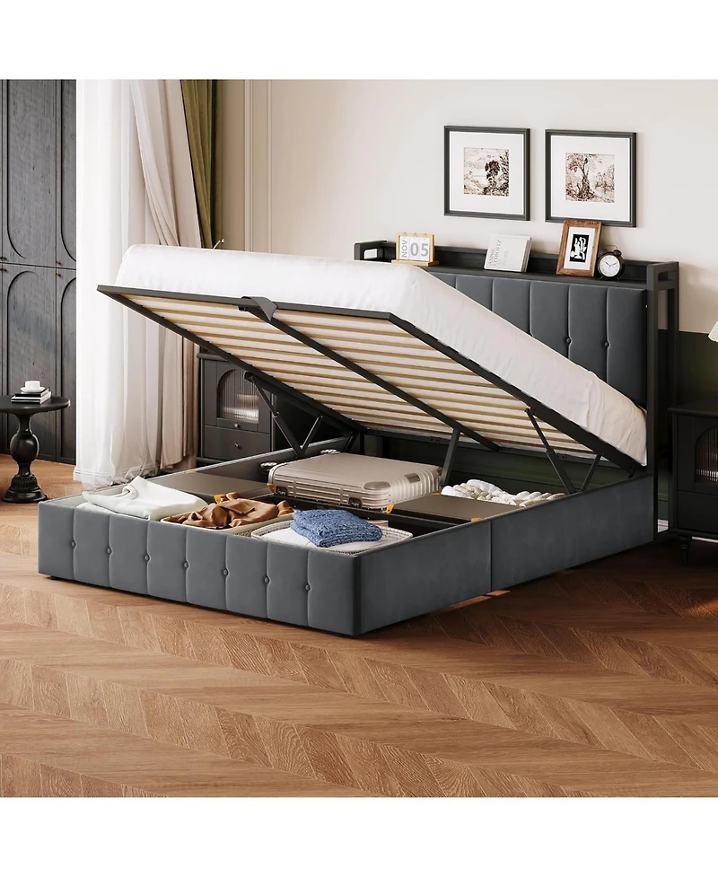 gaomon Bed Frame with Lift Up Storage, Upholstered Velvet Storage Headboard, Metal Platform Bed, Hydraulic Support