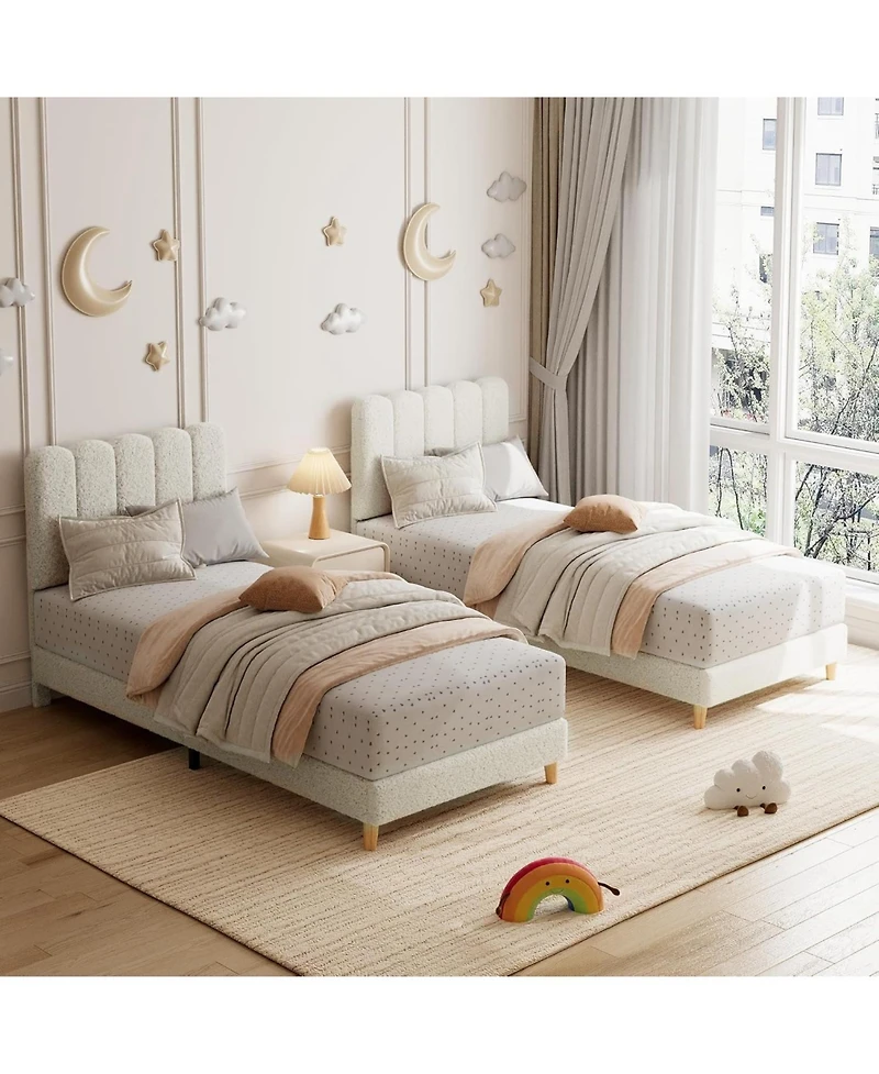 gaomon Twin Boucle Bed Frame Wave Headboard Upholstered Platform Wood Slat Support No Box Spring Easy Assembly