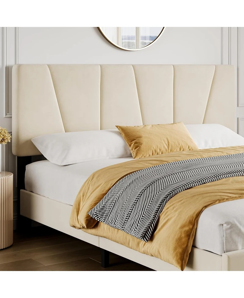 gaomon Upholstered Bed Frame- Adjustable Velvet Headboard Wood Slats No Box Spring Needed