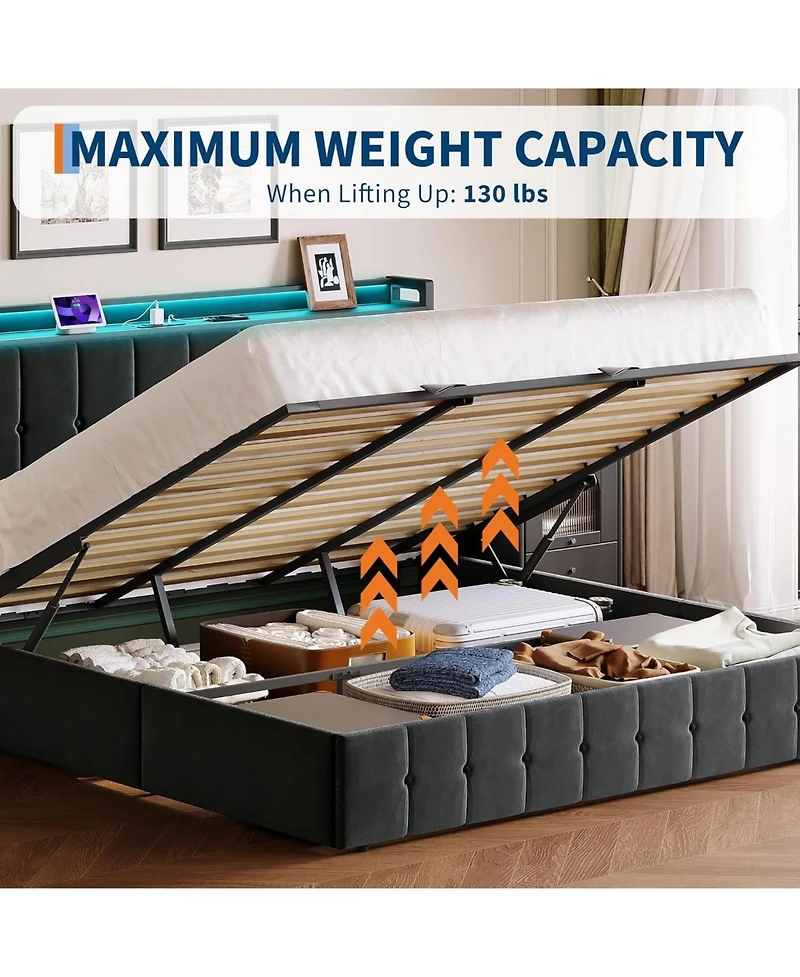 gaomon Bed Frame Lift-Up Storage Led Lights Upholstered Velvet Charging Headboard Metal Frame Wooden Slats No Box Spring