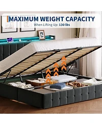 gaomon Bed Frame Lift-Up Storage Led Lights Upholstered Velvet Charging Headboard Metal Frame Wooden Slats No Box Spring