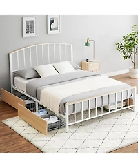 gaomon Full Storage Platform Bed Rattan Accent 4 Drawers Wooden Headboard Led Light Strip No Box Spring Oak