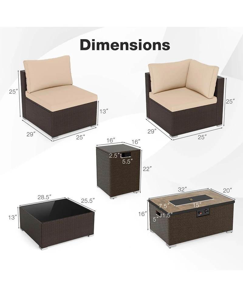 Gymax 12 Pcs Outdoor Patio Wicker Sectional Sofa Set w/ 32'' Propane Fire Pit Table Tank Holder