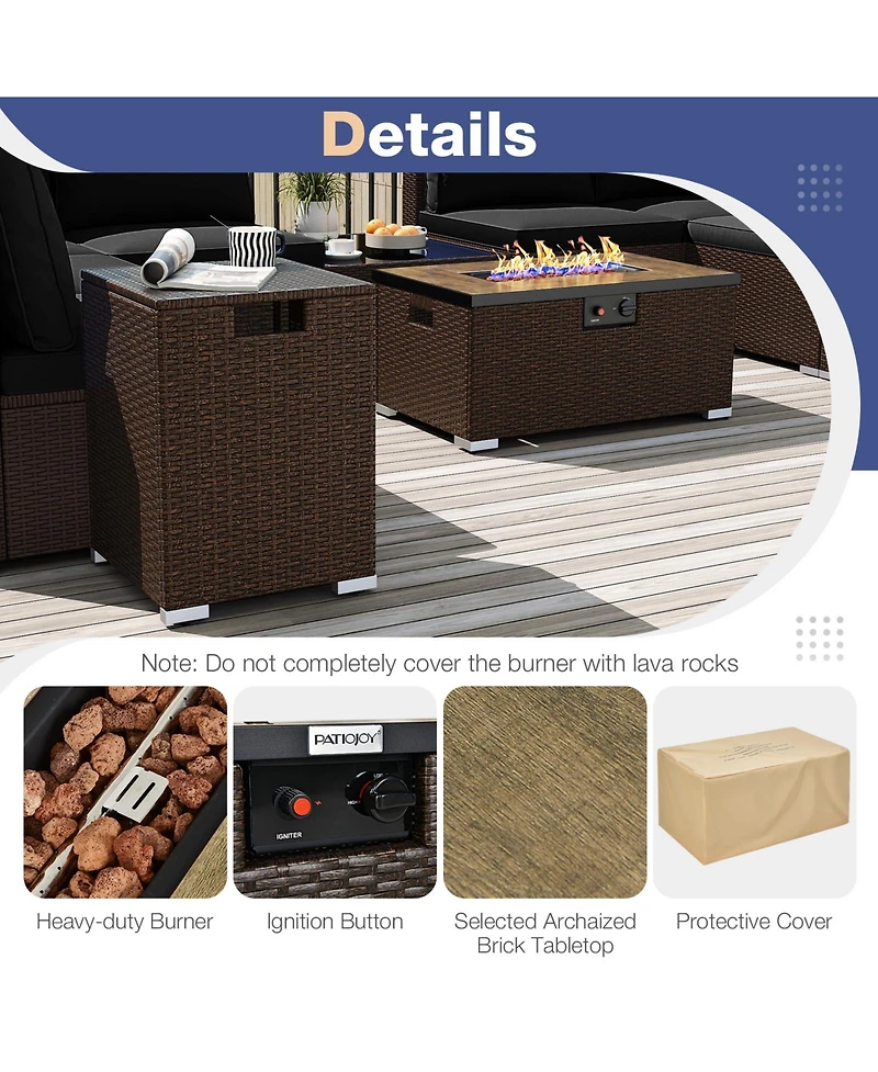 Gymax 12 Pcs Outdoor Patio Wicker Sectional Sofa Set w/ 32'' Propane Fire Pit Table Tank Holder