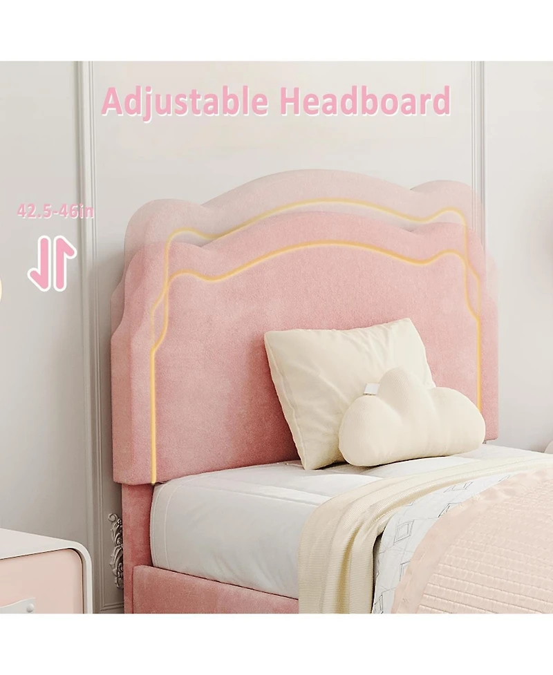 gaomon Upholstered Bed Frame with Smart Led and Adjustable Bear Headboard, Velvet Princess Platform Bed, Wooden Slats Support Kids Bed