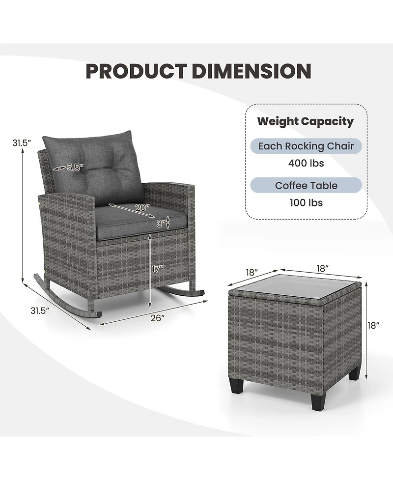 Gymax Set of 3 Wicker Rocking Patio w/ Tempered Glass Table & Soft Cushions