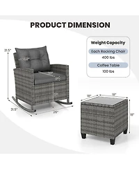 Gymax Set of 3 Wicker Rocking Patio w/ Tempered Glass Table & Soft Cushions