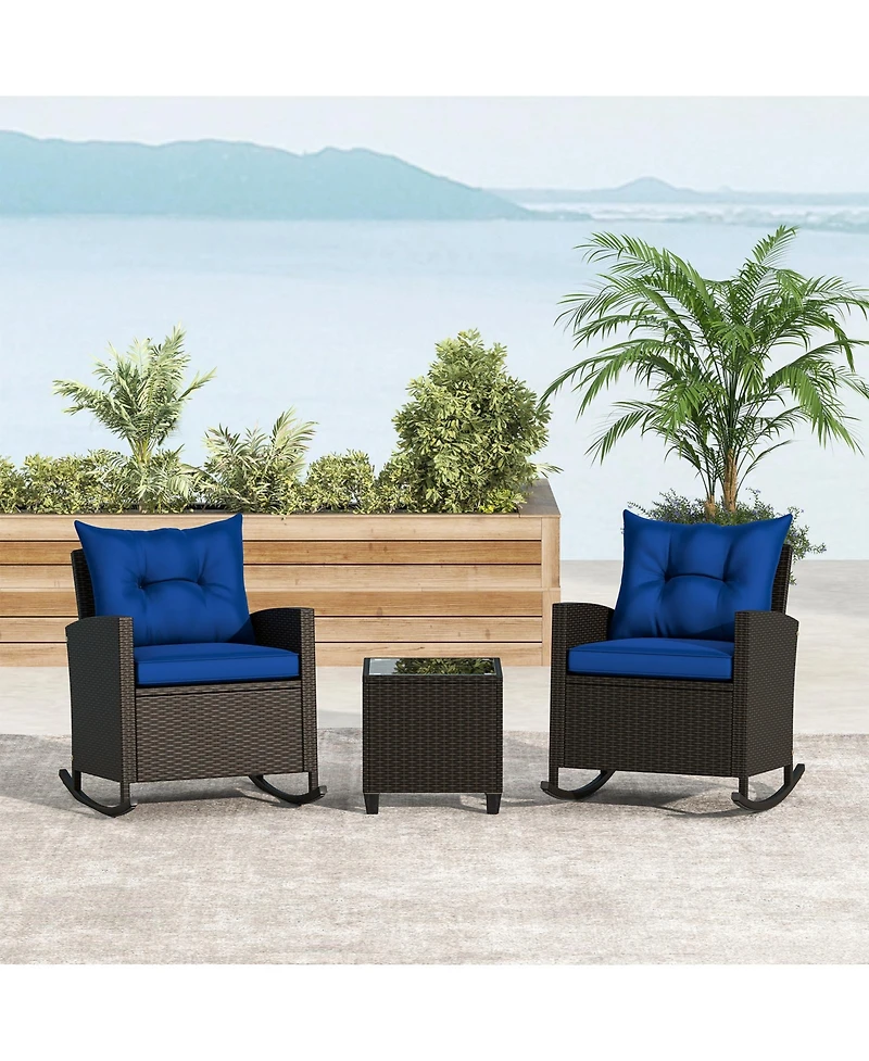Gymax Set of 3 Wicker Rocking Set Patio w/ Tempered Glass Table & Soft Cushions