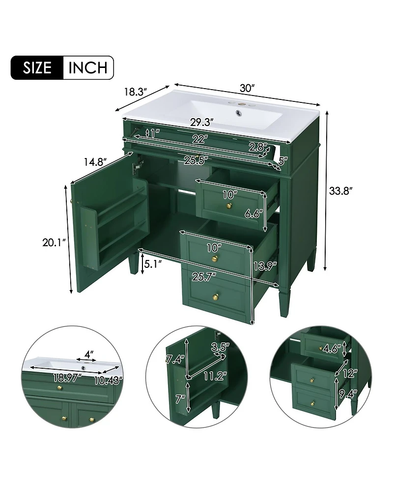 Sillysis 30" Bathroom Vanity with Sink, Modern Freestanding Cabinet with 3 Soft Close Drawers & Adjustable Shelf for Bathroom Storage