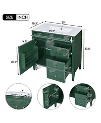 Sillysis 30" Bathroom Vanity with Sink, Modern Freestanding Cabinet with 3 Soft Close Drawers & Adjustable Shelf for Bathroom Storage
