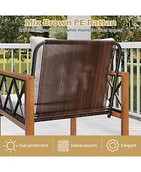 Gymax 5 Pcs Pe Wicker Patio Furniture Set w/Acacia Wood Frame Cushions for Deck Garden