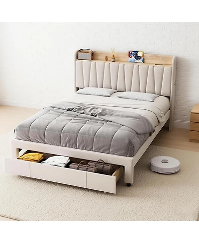 gaomon Bed Frame Storage Headboard Platform Linen Fabric Charging Station Drawer No Box Spring Easy Assembly